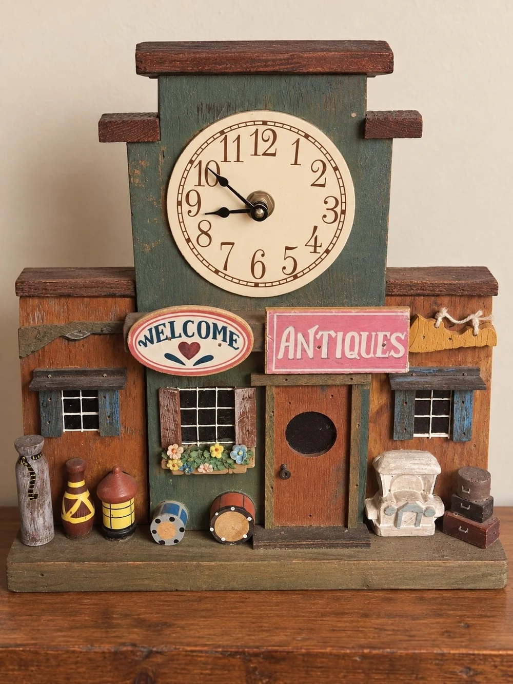 Rustic Green Wooden Wall Clock Decor with Pink Antiques Sign